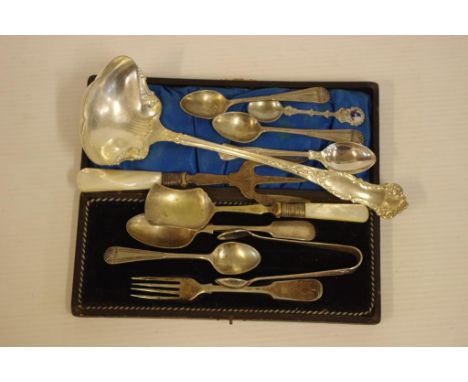 Quantity of vintage silver plated flatware including an antique bread fork with sterling silver collar hallmarked Sheffield