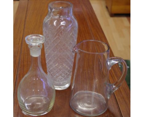 Large Victorian cut crystal vase together with a Victorian glass jug and a glass decanter, H31cm approx (tallest)