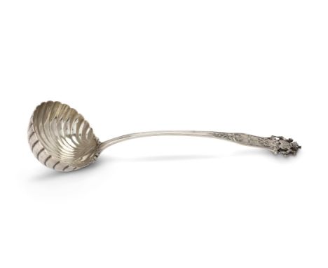 An early Victorian silver private die soup ladle by John Mortimer & John Samuel Hunt, London 1841, with a shell bowl, the han