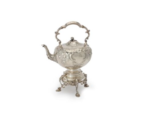 Y A Victorian silver spherical kettle on stand by Martin, Hall & Co., Sheffield 1855, the fixed serpentine handle over with i