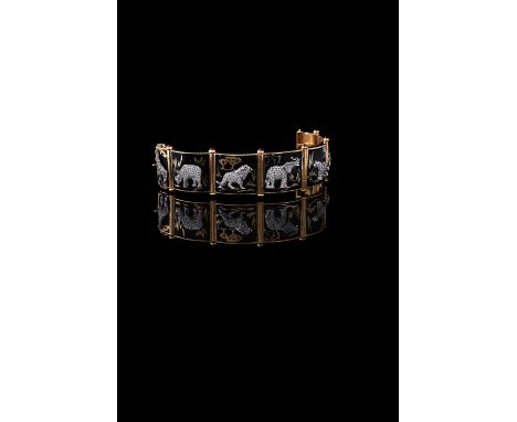 A diamond and enamel safari bracelet, the curved black enamelled panels each with an applied diamond set animal, comprising a