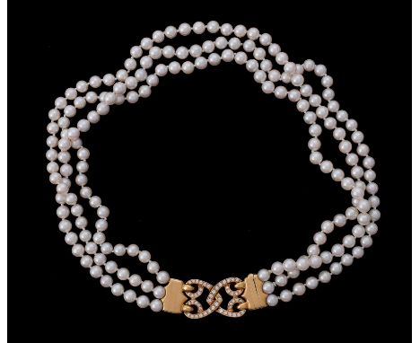 A three strand cultured pearl necklace retailed by Asprey, the three rows of uniform cultured pearls measuring 6.4mm, to a pi
