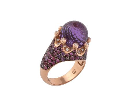 An amethyst, pink sapphire and diamond Corona dress ring by Castaldi, the coronet shaped setting pavé set with circular cut p