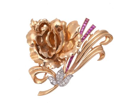 A French 1940s Retro diamond and ruby set rose brooch, the polished flower head to an old brilliant cut diamond set leaf, app