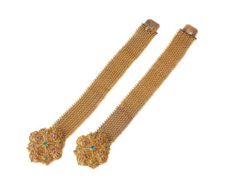 A pair of Regency gold cannetille emerald and pink topaz bracelets, circa 1820, the beaded quatrefoil cannetille panel clasps