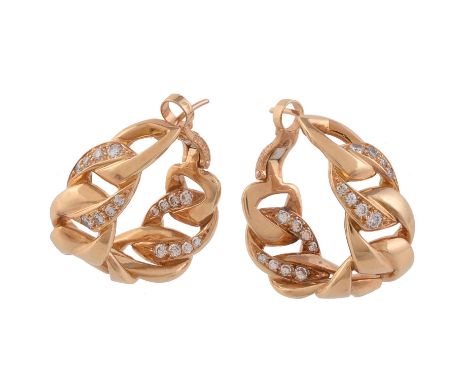 A pair of hoop earrings by Cartier, the earrings of tapered curb link design with brilliant cut diamond highlights, approxima