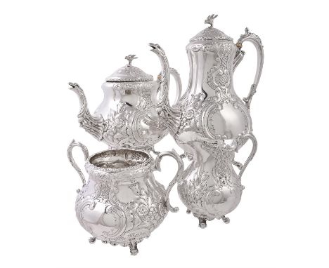 Y A silver baluster four piece tea and coffee service by William Aitken, Birmingham 1911, the tea and coffee pots with bird f