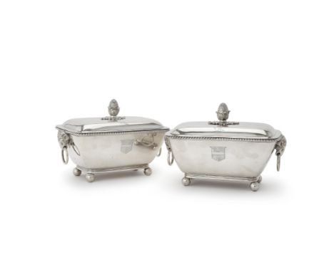 A pair of George III silver rounded rectangular sauce tureens and covers by John Robins, London 1802, with acorn finials to t