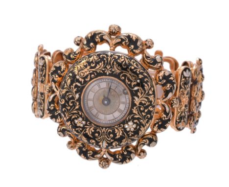 A gold coloured and Swiss enamel bracelet watch, no. 47322, circa 1860, unmarked, verge fusee movement, undersprung three arm