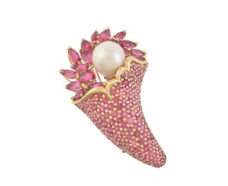 A French pink tourmaline and South Sea cultured pearl cornucopia brooch, the pavé set circular cut pink tourmaline cone suppo
