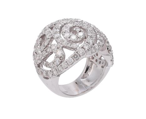 A scrolled diamond dress ring, the pierced bombé dress ring set with brilliant cut diamonds, approximately 5.08 carats total,