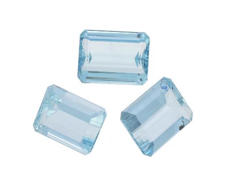 † Three unmounted step cut aquamarines with canted corners, weighing 18.26 carats, 18.92 carats and 19.24 caratsCondition Rep