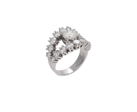 A diamond dress ring, the central brilliant cut diamond weighing 1.00 carat, within two curved rows of brilliant cut diamonds
