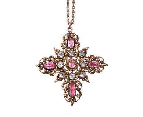 A Regency pink topaz and aquamarine gold cannetille cross pendant, circa 1820, the arms of the cross set with oval cut pink t