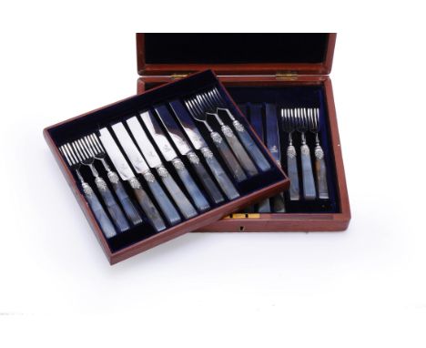 A set of twelve early Victorian silver agate handled dessert knives and forks by George Adams for Chawner & Co., London 1844,