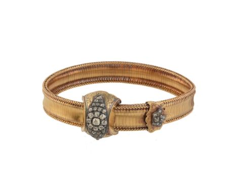 A 19th century gold and diamond jerretière bracelet, circa 1870, the articulated bracelet with a sliding panel set with a mar
