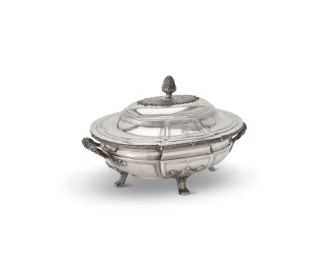 A French silver shaped oval soup tureen and cover by Maison Odiot (1906-1956), Paris 1838-1972 1st standard, with a pine cone
