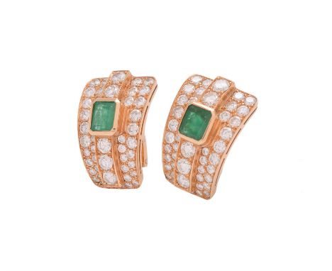 A pair of emerald and diamond earrings, the tapered rectangular panels set with graduated brilliant cut diamonds, approximate