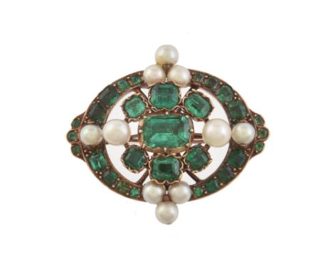 A late 19th century historical revival emerald and pearl brooch, circa 1890, the pierced oval panel set with step cut emerald