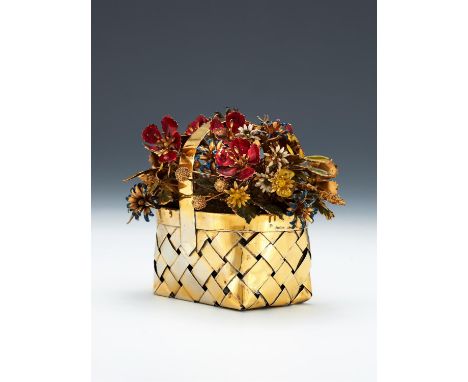 Cartier, a silver coloured gilt and enamel rectangular basket of flowers, stamped 'Cartier Hand Made Sterling', the woven bas