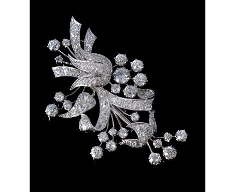 A diamond floral spray brooch, the leaves and flower heads set with graduated old cut diamonds, approximately 6.10 carats tot