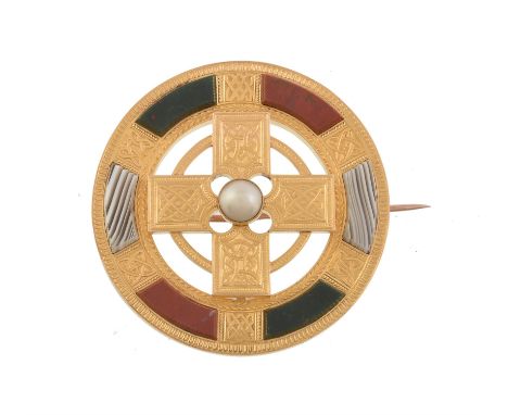 A gold mid Victorian Tay pearl and Scottish hardstone brooch, circa 1870, the gold Celtic cross engraved with various Celtic 