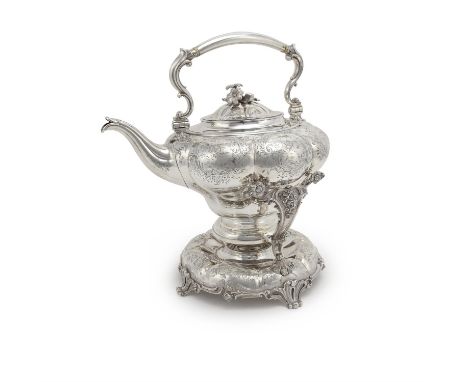 Y An early Victorian large silver kettle on stand by Benjamin Smith III, London 1847, engraved for Smith as retailer, the swi