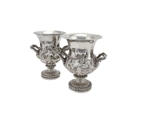 Two similar William IV Irish silver small camapna shaped vases, perhaps by James Fray, Dublin 1833 and by Richard Sawyer, Dub