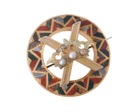 A gold mid Victorian Tay pearl and Scottish hardstone brooch, circa 1870, the central saltire surmounted with a ducal coronet