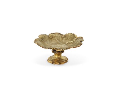 A William IV silver gilt dessert comport by John Watson & Son, Sheffield 1836, formed as a dished vine leaf , on three tendri