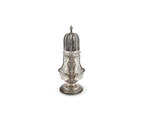 An Edwardian Britannia standard silver baluster sugar caster by Crichton Brothers, London 1907, with a bell shaped finial to 