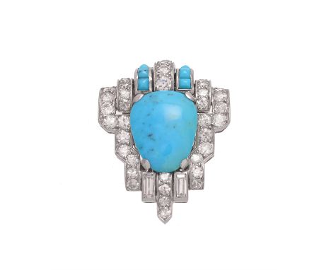 A French Art Deco turquoise and diamond clip brooch, circa 1930, the geometric panel set with a central pear shaped cabochon 