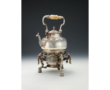 Y A Victorian silver kettle on stand by Henry William Curry, London 1873, in early 18th century style, with a turned ivory sw