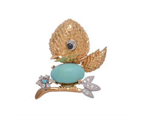 A turquoise, diamond and sapphire novelty chick brooch, the novelty chick with a textured gold coloured head and wing, sittin