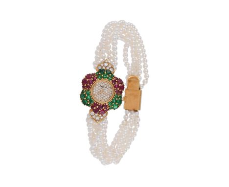 De Laneau, a lady's 18 carat gold, emerald, ruby and cultured pearl bracelet watch, no. G-337 1684, circa 2000, quartz moveme