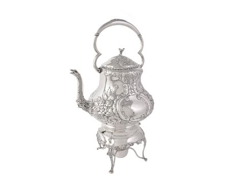 Y A silver large baluster kettle on stand by William Aitken, Birmingham 1911, the trefoil handle over with ivory spacers, a b