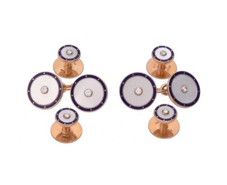 Y A pair of mother of pearl and diamond dress set by Cropp & Farr, the cufflinks with circular mother of pearl panels each ce