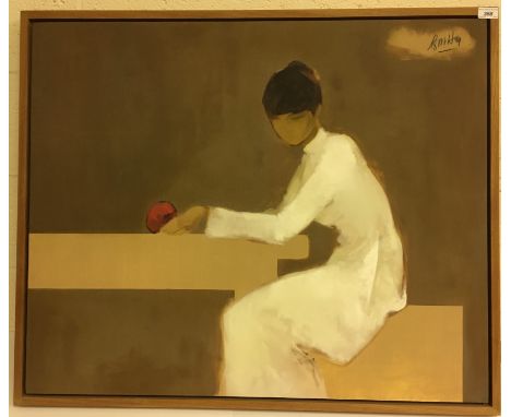 NGYUEN THANH BINH (Vietnamese b. 1954) "Girl in Ao Dai, seated at a table with apple", oil on panel, signed top right and dat