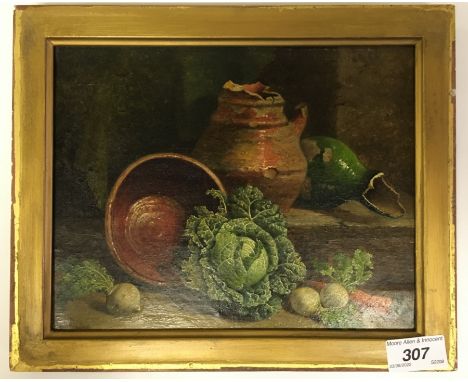 WILLIAM HUGHES (1842-1901) "Turnips, cabbage and carrot with various terracotta pots on a step", oil on canvas, signed and in