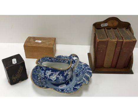 A box of sundries including "Herculaneum" pattern blue and white dish (damaged and repaired) and matching cream jug, an Edwar