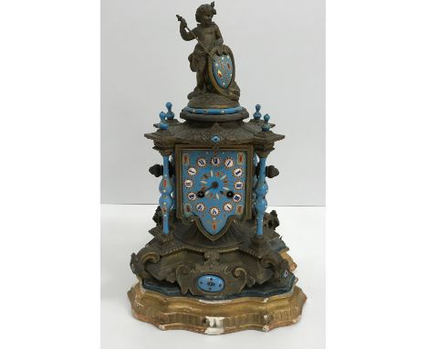 A 19th Century French gilt spelter and enamel cased mantel clock, the eight day movement by Japy Frères of Paris, the chapter