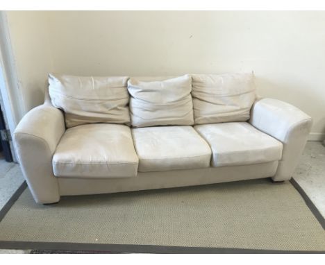 A modern cream faux suede upholstered three piece suite, sofa 212 cm wide, chairs 100 cm wide, together with a taupe upholste