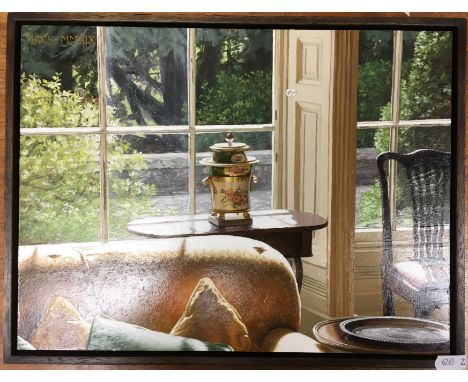 HARRY W STEEN "House in Wales, urn in window", study of a drawing room with ice pail on table by window, oil on panel, initia