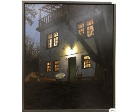 HARRY W STEEN "Back of house", study of a cottage exterior at night with figure peering from window, oil on panel, initialled