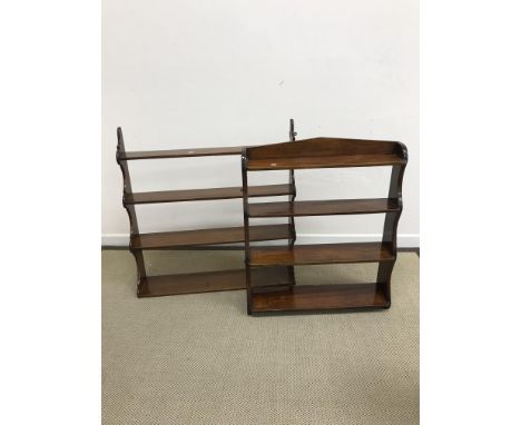 Two circa 1900 mahogany four tier wall shelf units, 75 cm wide x 89 cm high and 91.5 cm wide x 93 cm high, together with a sm