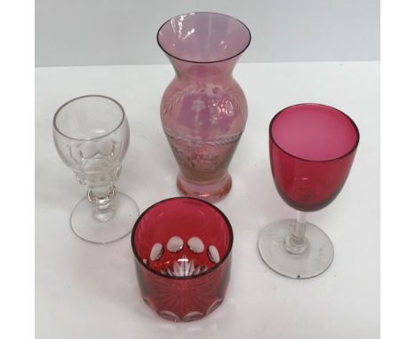 Two boxes of various cut and other glassware including six W Davenport etched glass brandy balloons, a set of ten ruby overla