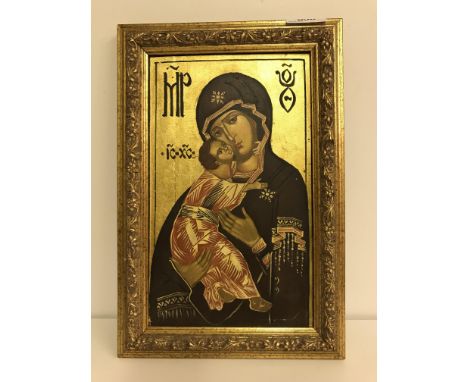 20TH CENTURY RUSSIAN SCHOOL "The Virgin of Vladimir", an icon in the 18th Century manner, oil on panel, bears label verso "Th