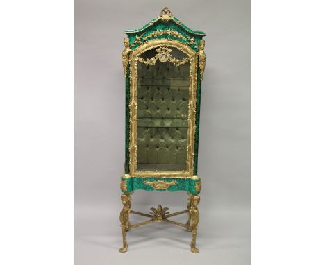 A SUPERB LOUIS XVITH DESIGN MALACHITE AND ORMOLU VITRINE with female masks and garlands and fitted with a glass door and glas