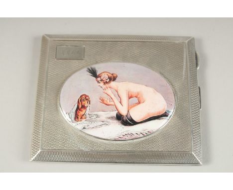 AN ENGINE TURNED SILVER CIGARETTE CASE. Birmingham 1930, with a glamour model enamel.
