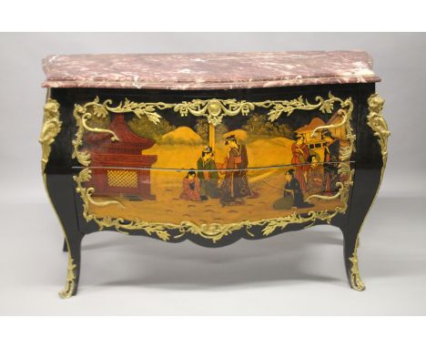 A LOUIS XVTH DESIGN BOMBE COMMODE with marble top and Chinese design, two deep drawers with gilt mounts. 140cms long x 55cms 